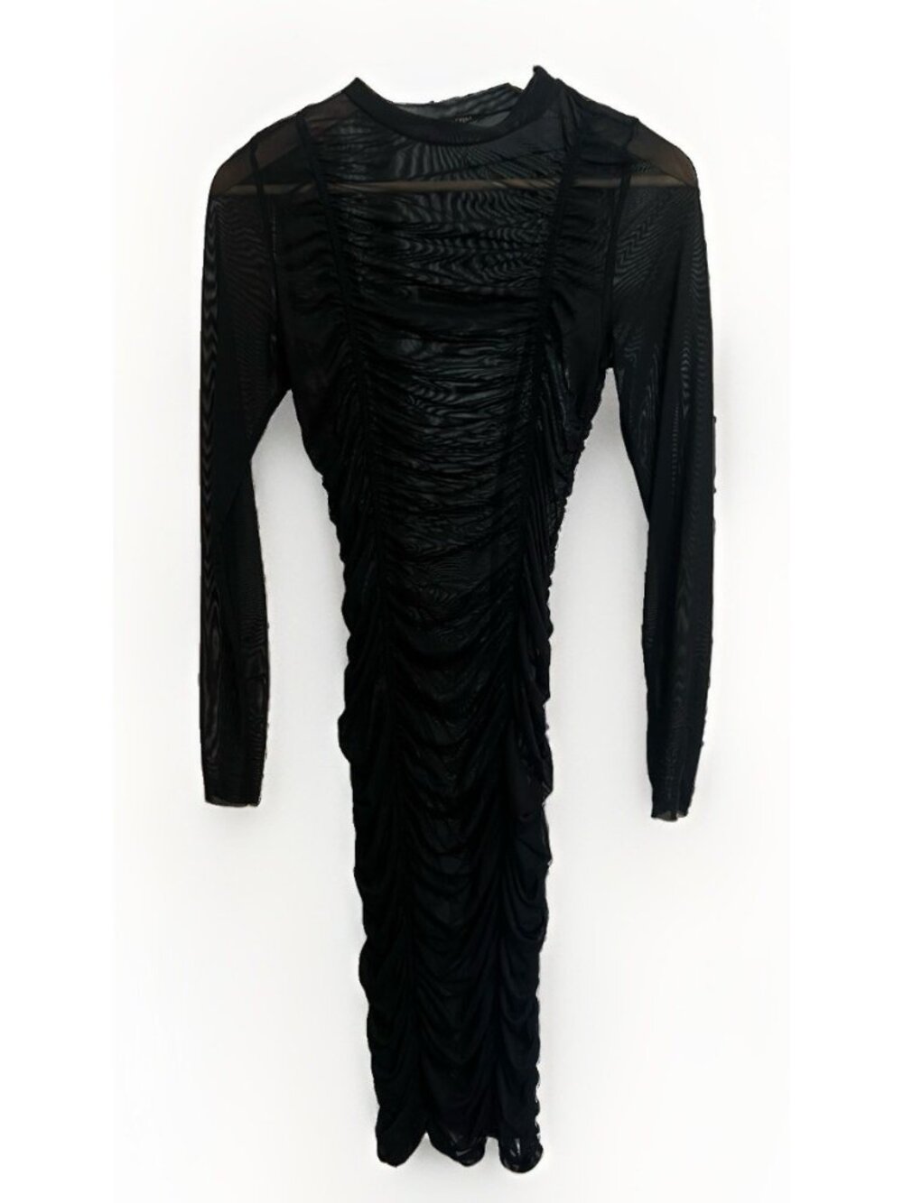 Black Mesh Ruched Bodycon Mesh Dress Sheer Long Sleeve Small Whimsygoth Dark. H
